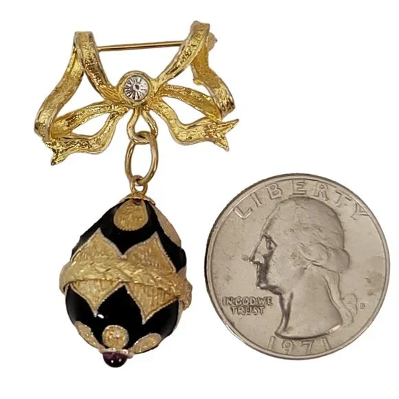 Sterling Silver Gold Vermeil Bow Bar Faberge Style Egg Charm Dangle Pin Brooch